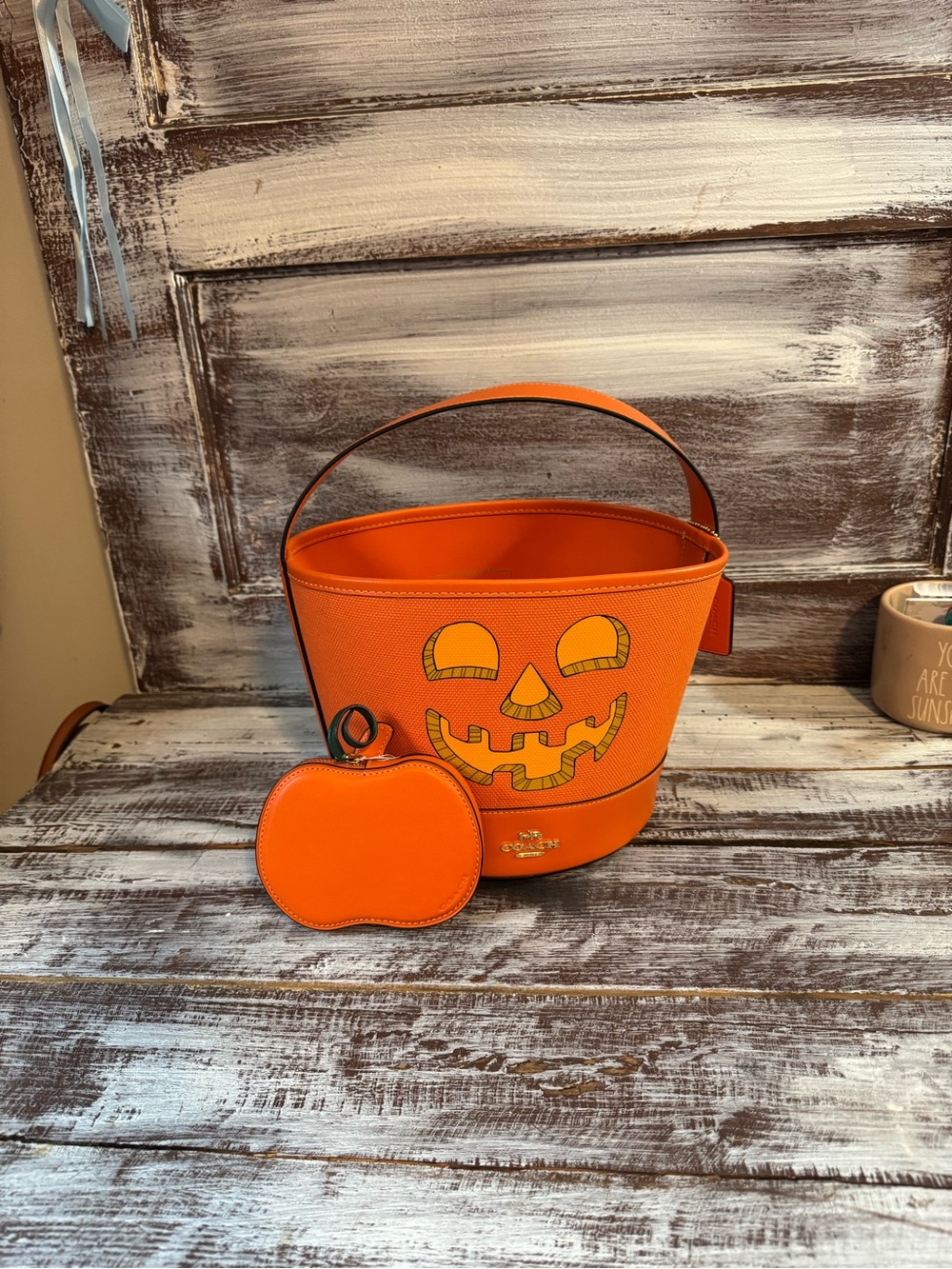 Coach Orange Halloween Jack-O'-Lantern Bucket Bag with Pumpkin Coin Pouch - Picture 2 of 16